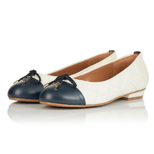 Alice Wide Fit Ballet Flats - Navy & Cream Quilted Leather