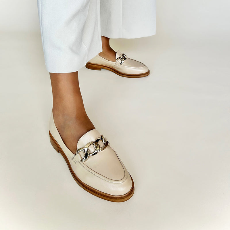 Wide Fit Loafers  - Beige Leather