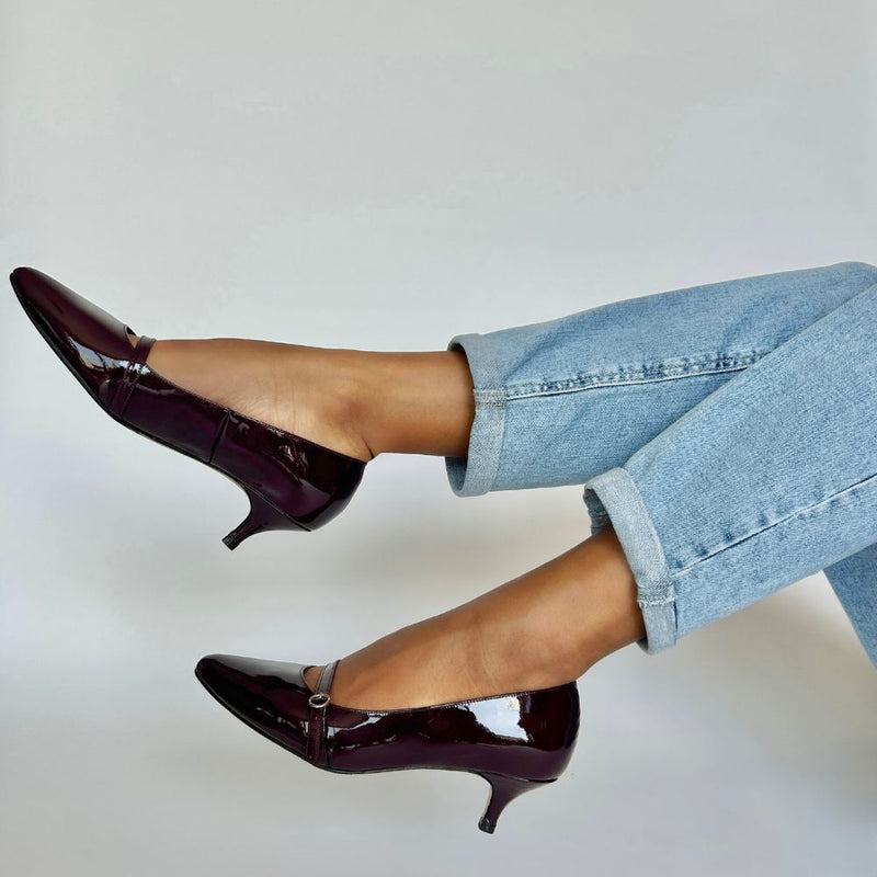Billie Extra-Wide Fit Kitten Heels - Burgundy Patent Leather