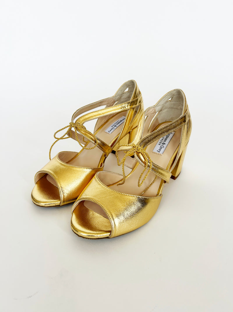 PRE-PRODUCTION SAMPLE -Block Heel Sandal - Gold Leather (SAMPLE SALE)