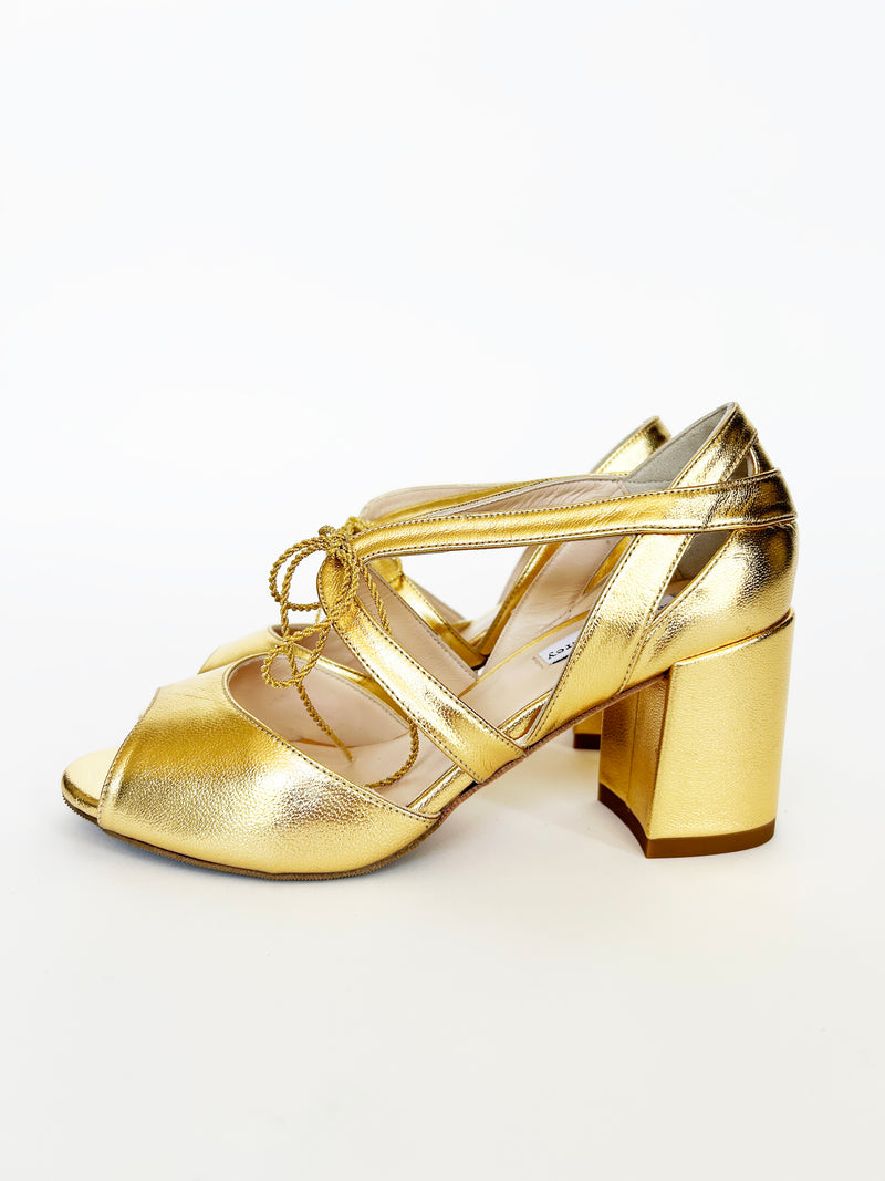 PRE-PRODUCTION SAMPLE -Block Heel Sandal - Gold Leather (SAMPLE SALE)