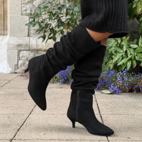 Delilah - Extra-Wide Fit Knee High Slouch Boots - Black Suede