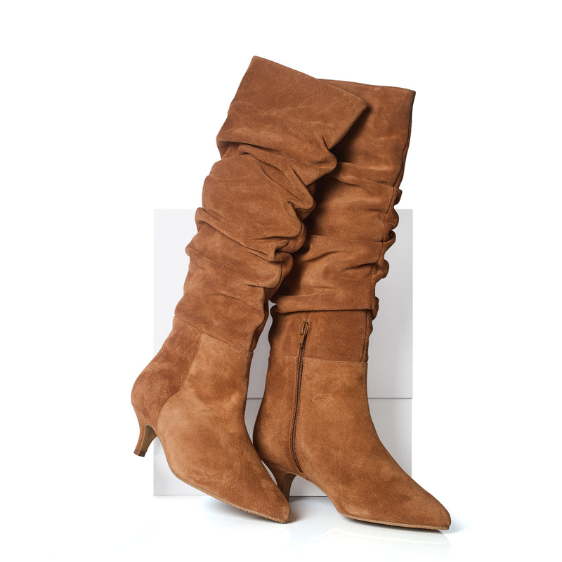 Delilah - Extra-Wide Fit Knee High Slouch Boots - Tan Nubuck Suede