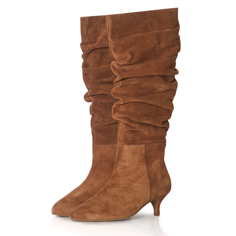 Delilah - Extra-Wide Fit Knee High Slouch Boots - Tan Nubuck Suede