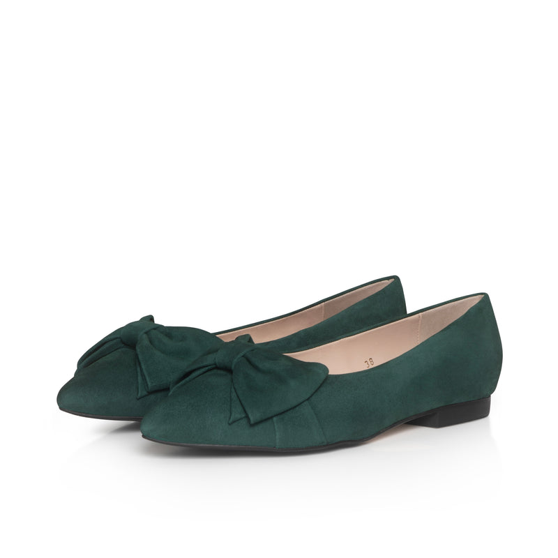 Dionne Wide Fit Bow Flats in Dark Green Suede – Sargasso and Grey