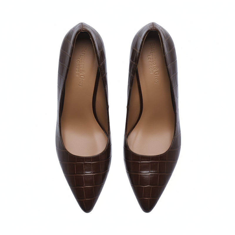 Eleanor - Wide Fit Courts - Dark Brown Mock-Croc Leather