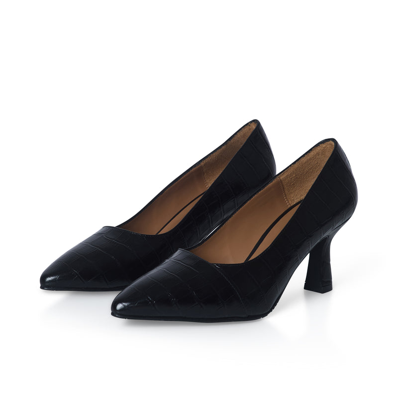 Eleanor - Wide Fit Courts - Black Mock-Croc Leather - COMING SOON