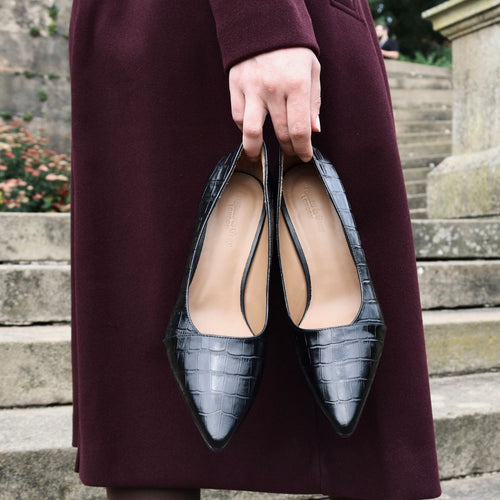 Eleanor - Wide Fit Courts - Black Mock-Croc Leather - COMING SOON