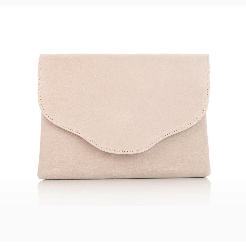 Ellie sand suede clutch front