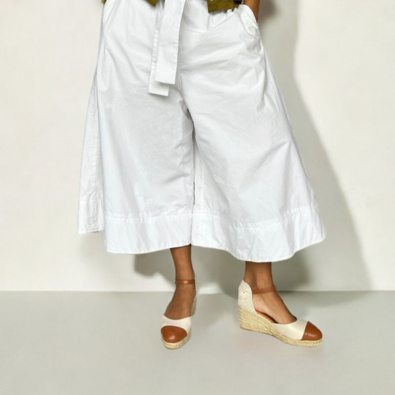 Emily - Wide Fit Wedge Espadrille - Cream & Tan Leather