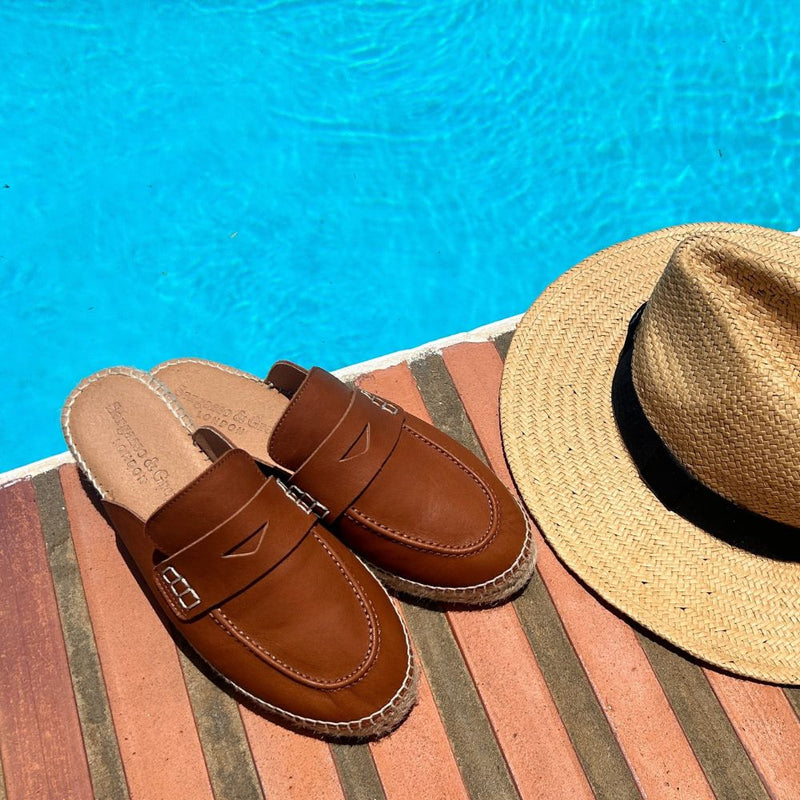 Esme - Wide Fit Espadrille Loafer Sliders - Tan Leather