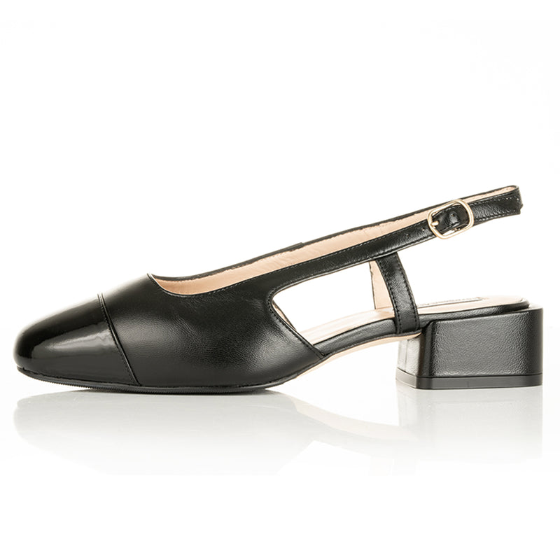 Extra-wide Fit Black Leather Kitten Slingback â Sargasso and Grey