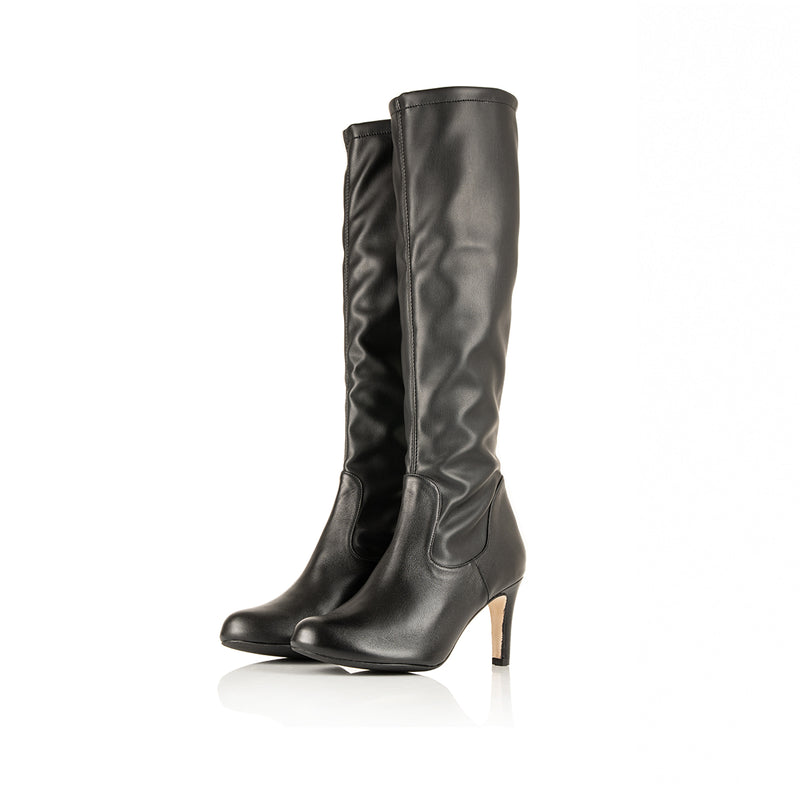 Isla Extra-Wide Fit Knee High Boots - Black Leather/Fabric Mix