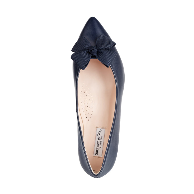 CURRENT SEASON SECONDS - Laura Extra-Wide Fit Ballet Flats With Bow - Navy Leather (SAMPLE SALE)