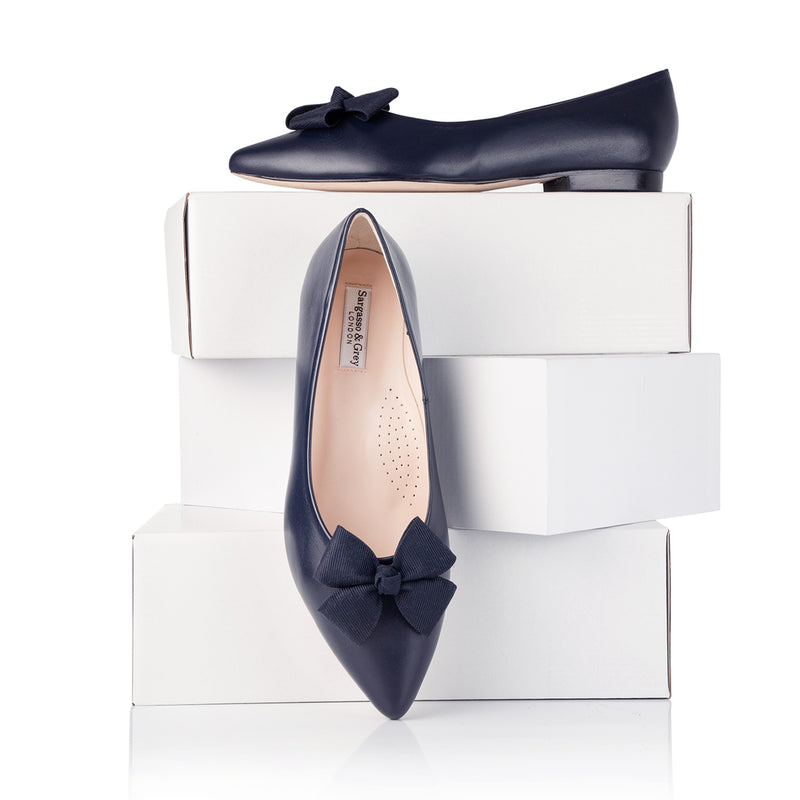 CURRENT SEASON SECONDS - Laura Extra-Wide Fit Ballet Flats With Bow - Navy Leather (SAMPLE SALE)