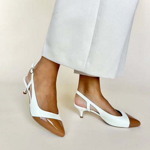 Lena Extra-Wide Fit Slingback - Cream Leather & Tan Patent