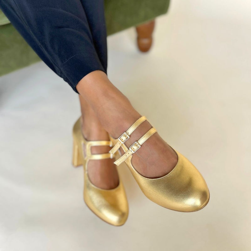 Liberty Extra-Wide Fit Buckle Heels - Gold Leather