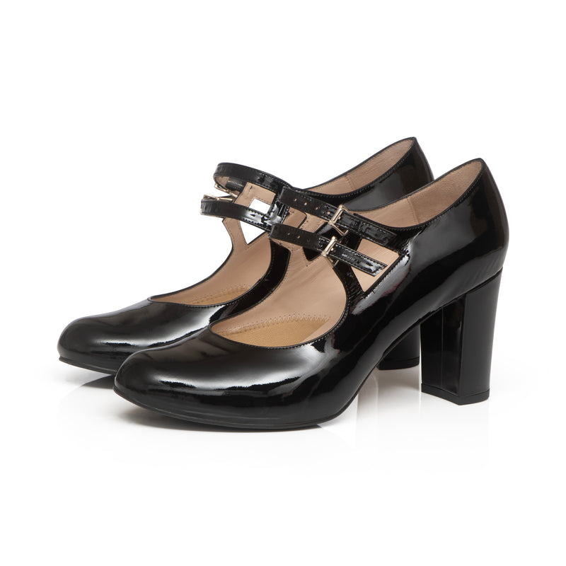 Liberty Extra Wide Fit Buckle Heels Black Patent Leather