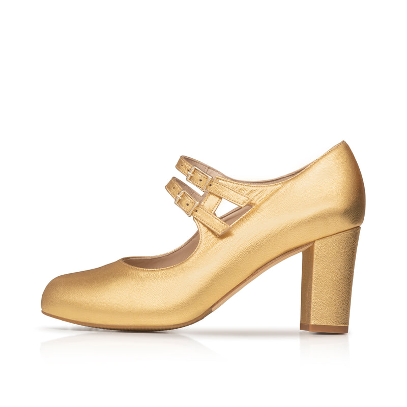 Liberty Extra Wide Fit Buckle Heels - Gold Leather