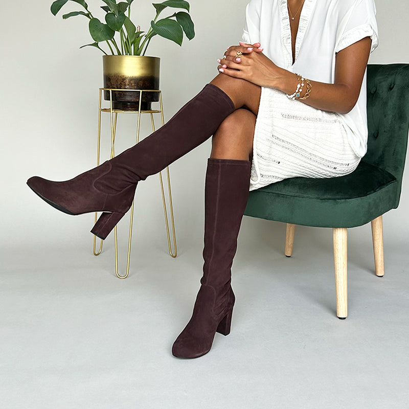 Lydia Wide Fit Knee High Boots - Brown Suede