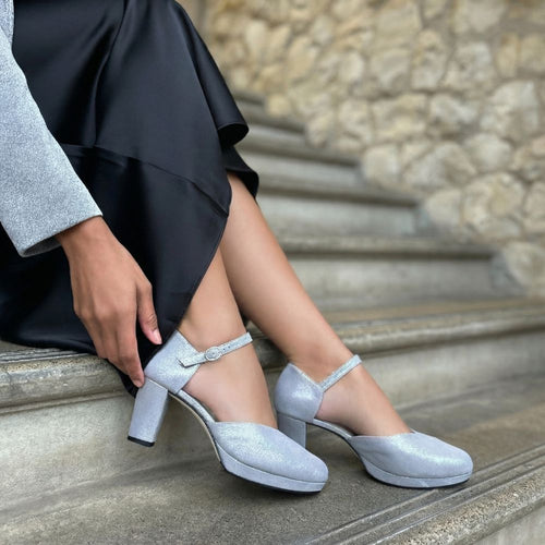 Mika Wide Fit Platform Heels - Silver Shimmer Suede