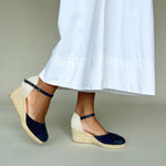 Emily - Wide Fit Wedge Espadrille - Navy Leather