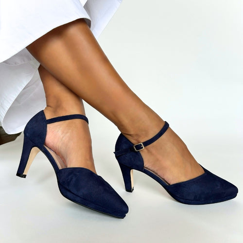 Puckle Extra-Wide Fit Platform Heels - Navy Suede