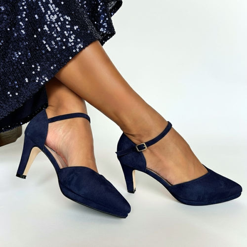 Puckle Extra-Wide Fit Platform Heels - Navy Suede
