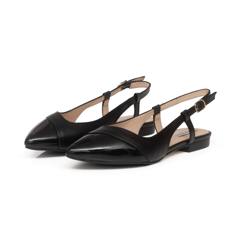 Sadie Extra Wide Fit Slingback Flats - Black Leather & Patent