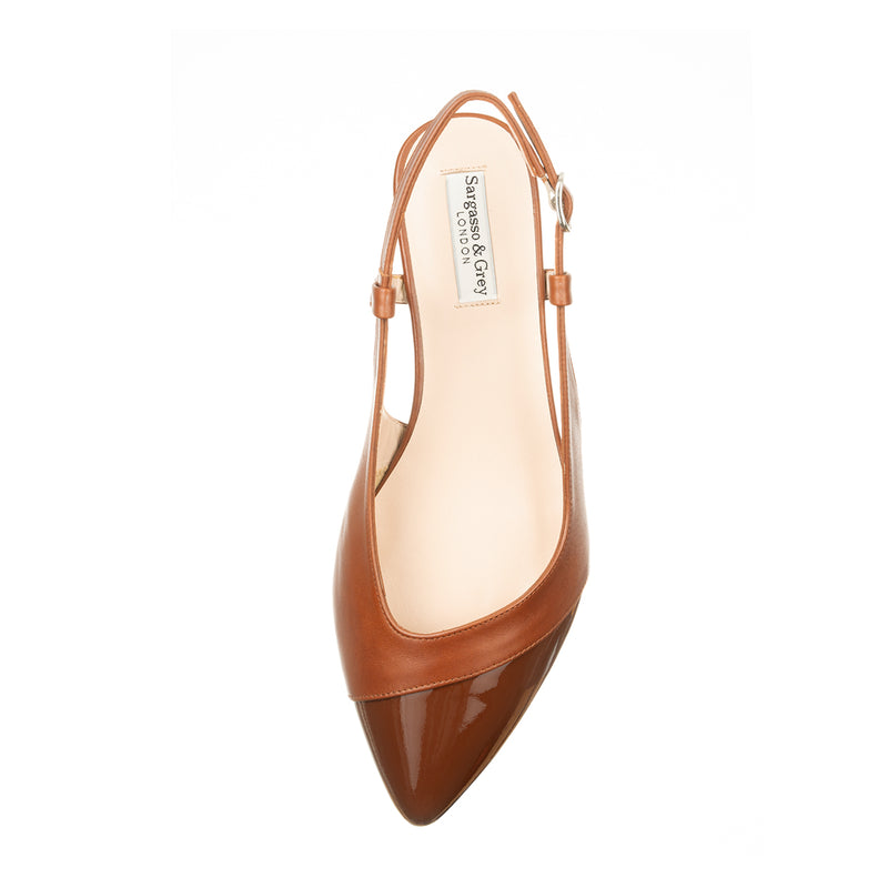 Sadie Extra Wide Fit Slingback Flats - Tan Leather & Patent