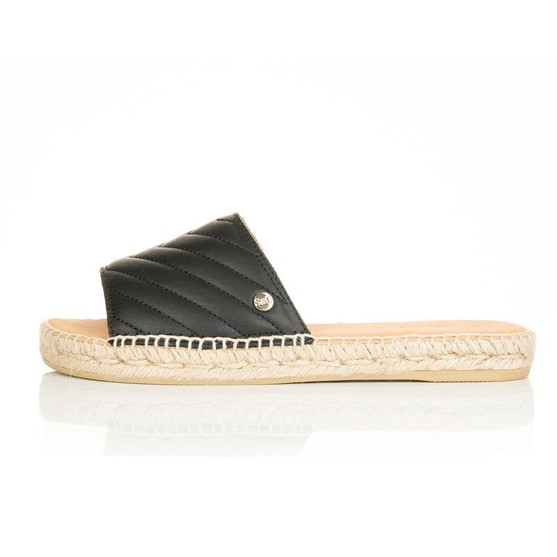 Sarah Wide Fit Espadrille Sandals - Black Quilted Leather