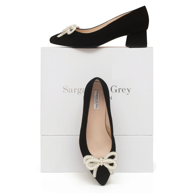 Tess Extra-Wide Fit Heels With Pearl Bow - Black Suede