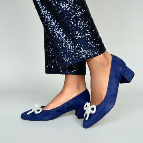 Tess Extra-Wide Fit Heels With Pearl Bow - Navy Suede