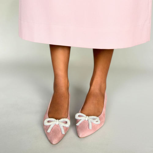 Tess Extra-Wide Fit Heels With Pearl Bow - Light Pink Suede