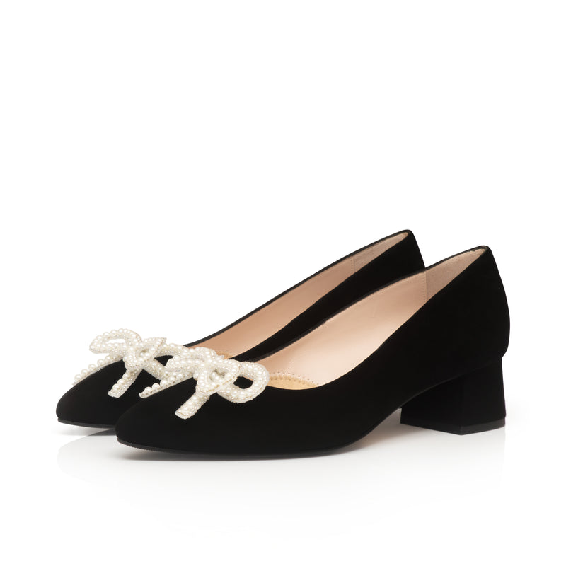 Tess Extra-Wide Fit Heels With Pearl Bow - Black Suede