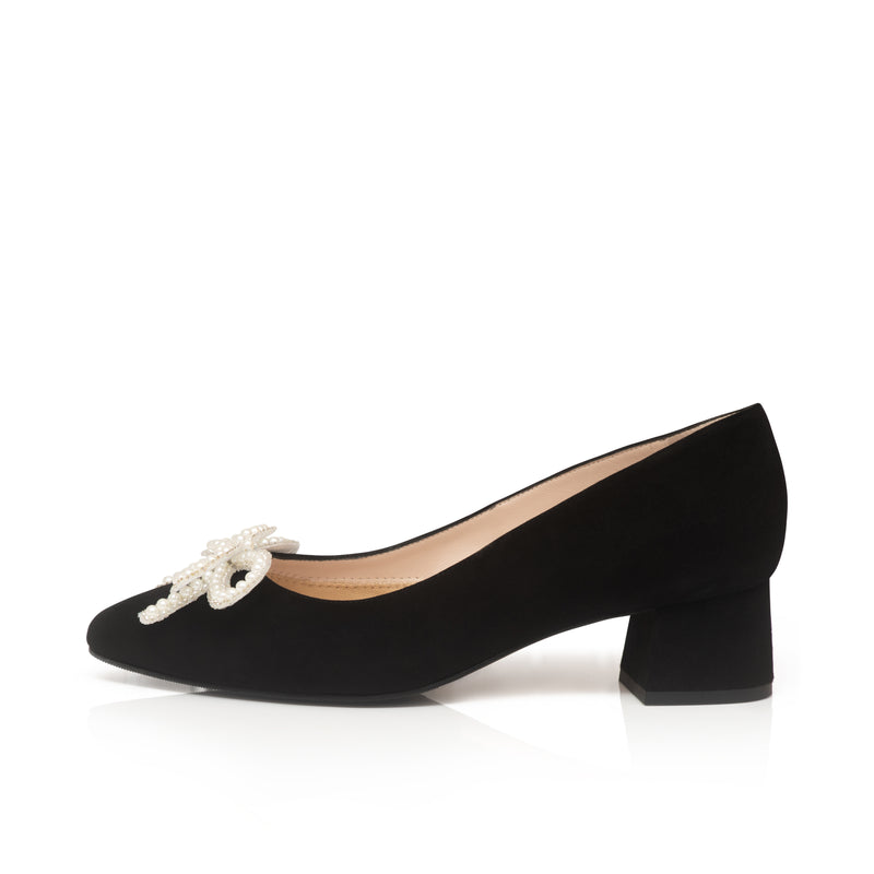 Tess Extra-Wide Fit Heels With Pearl Bow - Black Suede