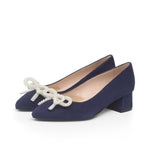 Tess Extra-Wide Fit Heels With Pearl Bow - Navy Suede