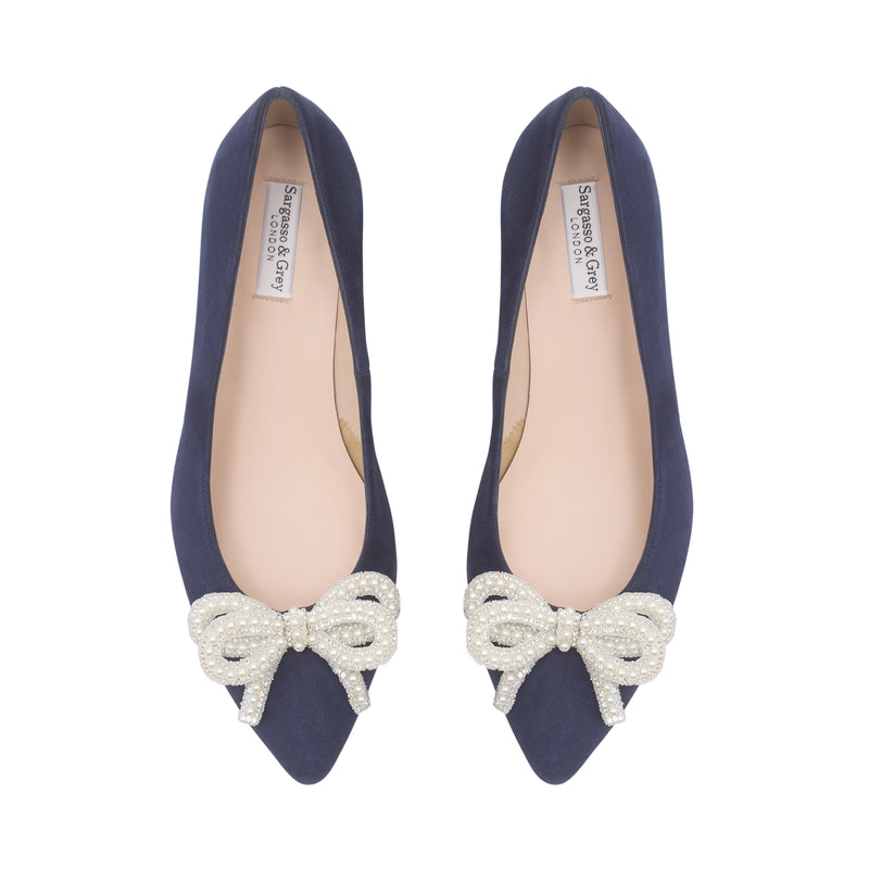 Tess Extra-Wide Fit Heels With Pearl Bow - Navy Suede