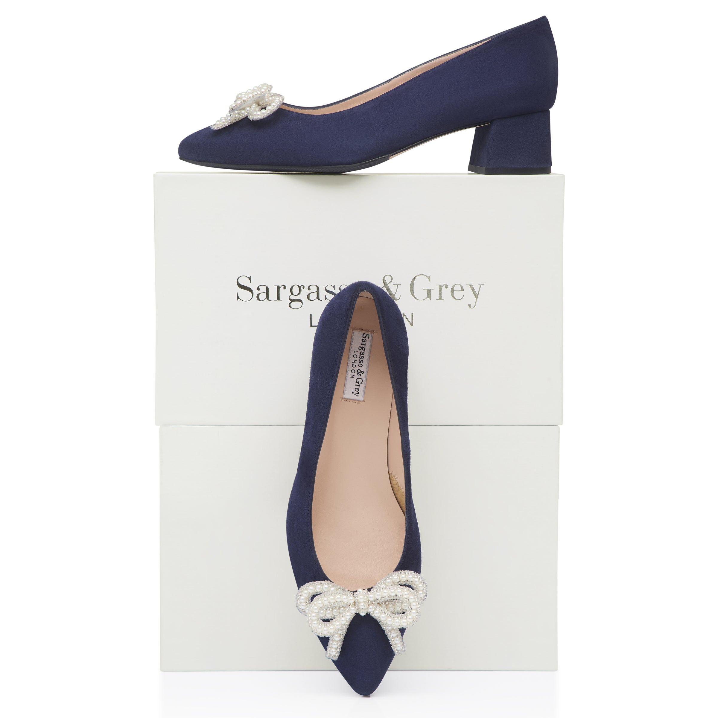 Extra-wide Fit Navy Suede Court Kitten Heels with Pearl