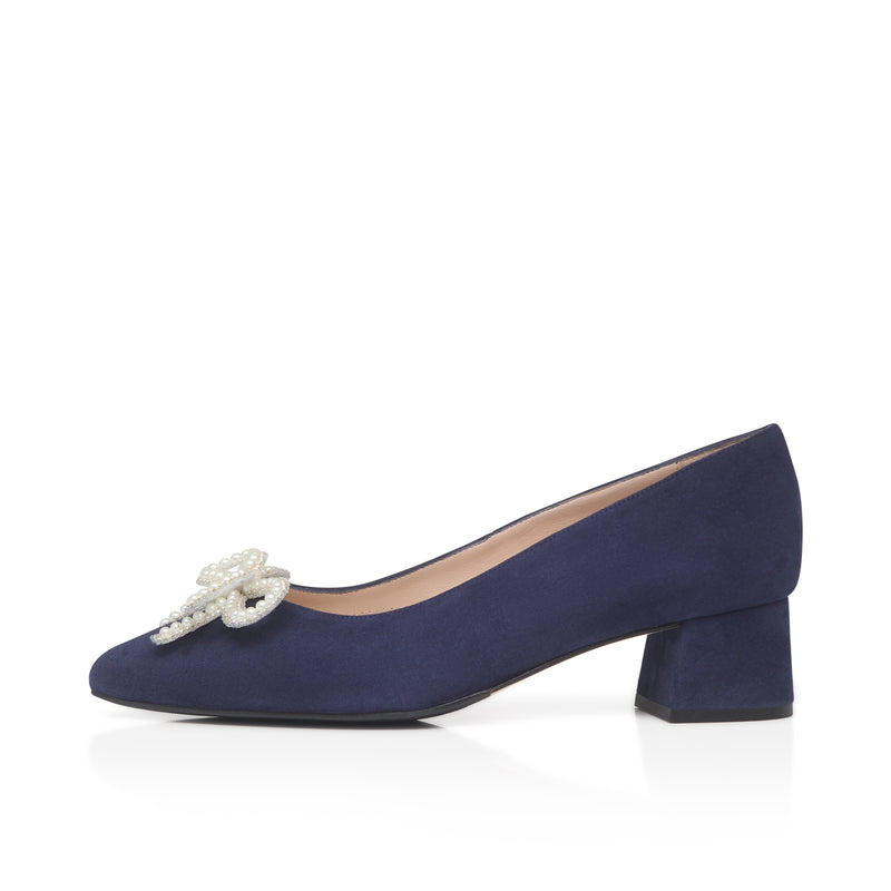 Tess Extra-Wide Fit Heels With Pearl Bow - Navy Suede