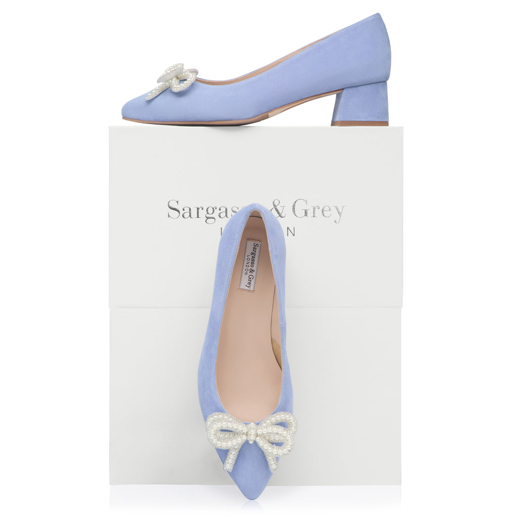 Tess Extra Wide Fit Heels Pearl Bow Light Blue Suede