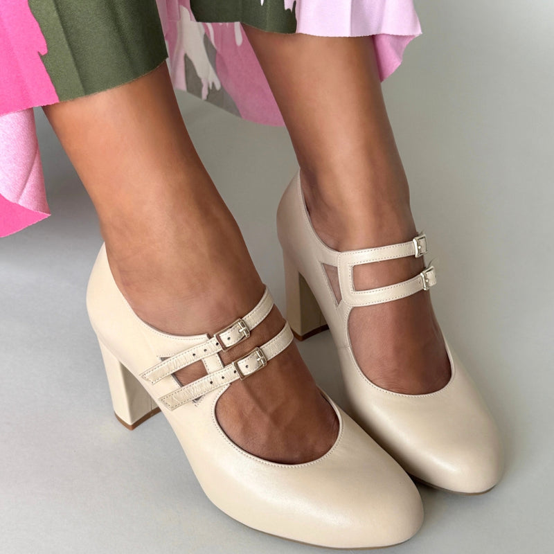 Liberty Extra-Wide Fit Buckle Heels - Almond Leather