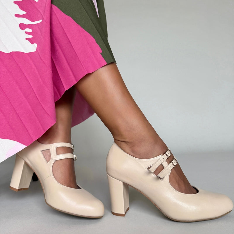 Liberty Extra-Wide Fit Buckle Heels - Almond Leather