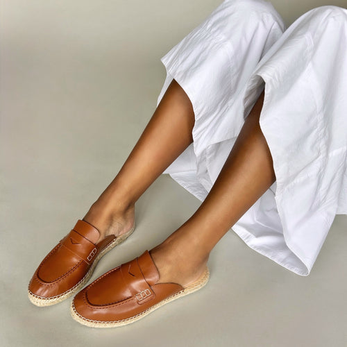 Esme - Wide Fit Espadrille Loafer Sliders - Tan Leather