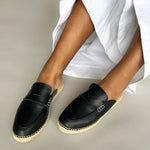 Esme - Wide Fit Espadrille Loafer Sliders - Black Leather