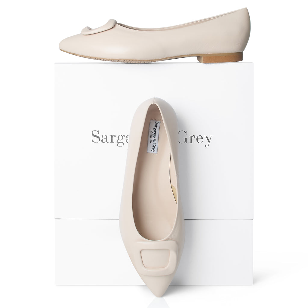Veronica Extra Wide Buckle Pointed Flat Almond Leather