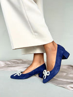 Tess Extra-Wide Fit Heels With Pearl Bow - Navy Suede