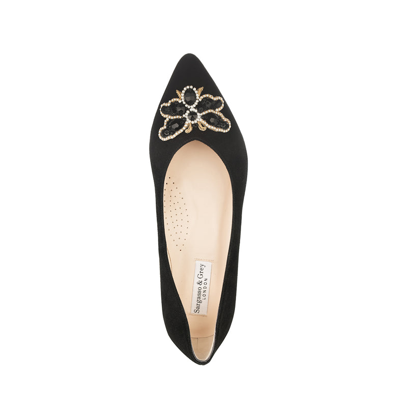 PAST SEASON SECONDS - Ella Embellished Court Shoe - Black Suede (SAMPLE SALE)