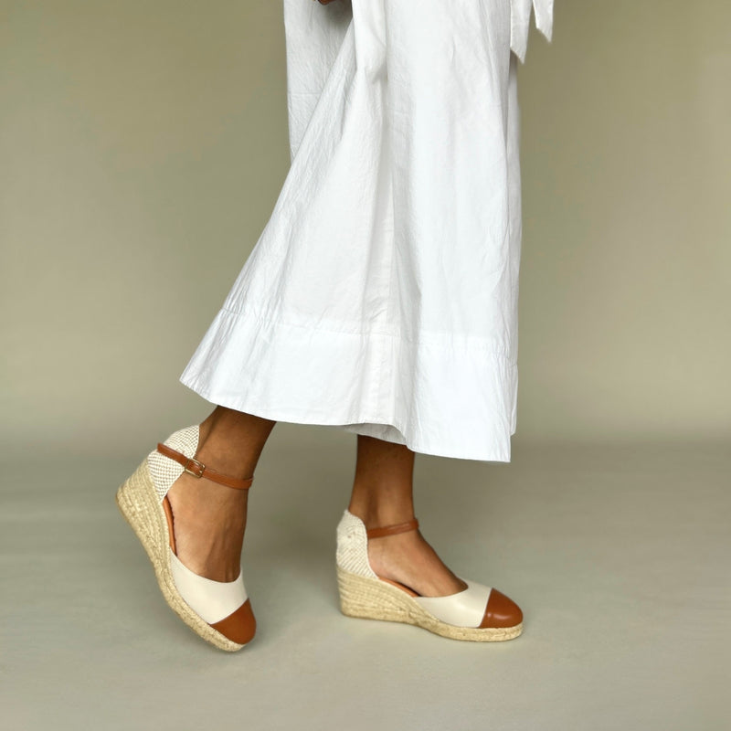 Emily - Wide Fit Wedge Espadrille - Cream & Tan Leather