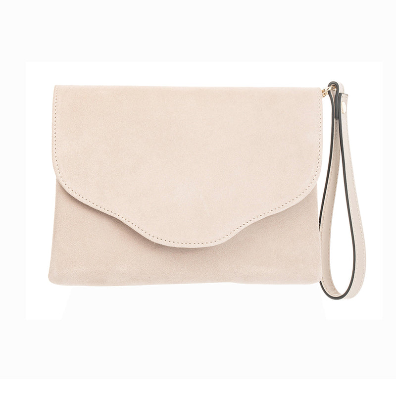 ellie sand suede clutch wrist strap